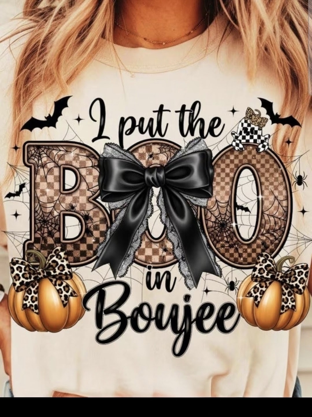 'I Put the Boo in Boujee' Halloween Graphic Tee - Black Bow, Pumpkin Accent - Picture 2 of 3